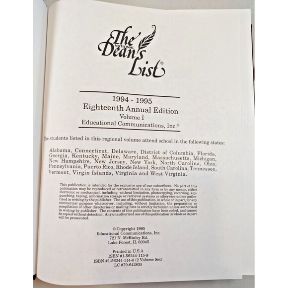 The Dean’s List 1994-1995 18th Edition Vol I Educational Communications Inc - Picture 9 of 10